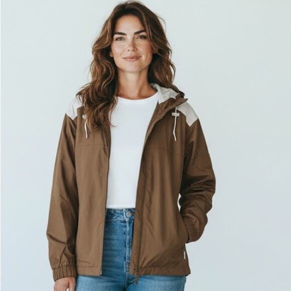Port Authority Jackets & Blazers - NWT Port Authority Brown and Cream Windbreaker Rain Jacket Winter Women’s Large